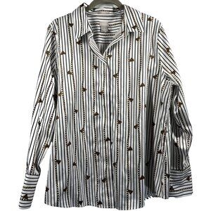 Chicos Womens Blouse Top Size 12/14 Large Equestrian Train Button Up Black White